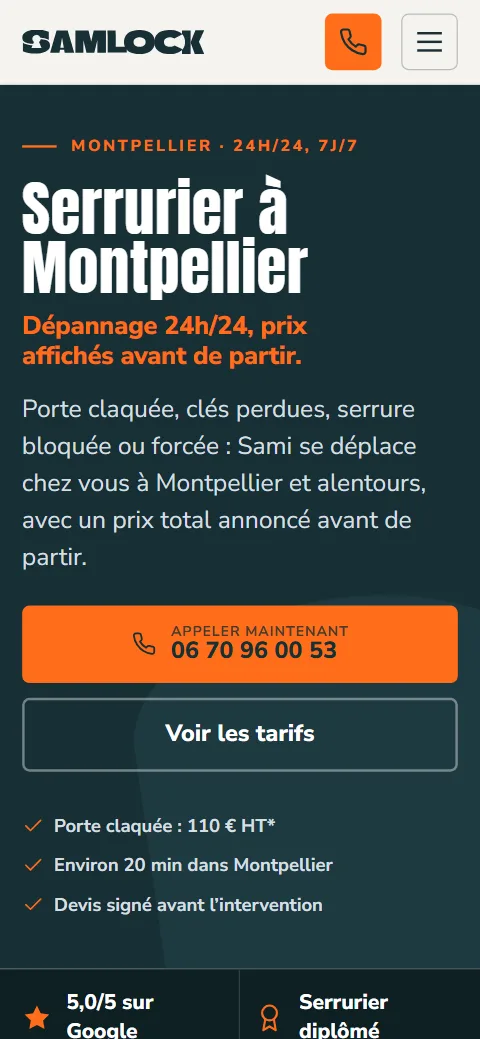 Le site SamLock sur mobile